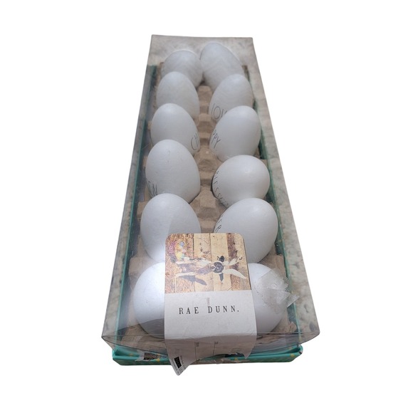 Rae Dunn Wood Easter Egg Decor Set of 12 White Farmhouse Spring Words New In Box - Picture 4 of 5